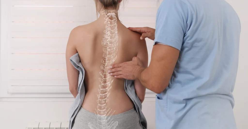 Fizjoterapeuta bada plecy pacjentki