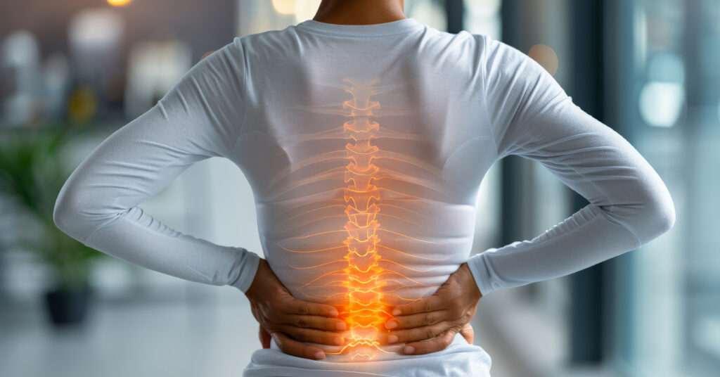 Kobieta trzyma się za plecy w okolicy kręgosłupa lędźwiowo-krzyżowego