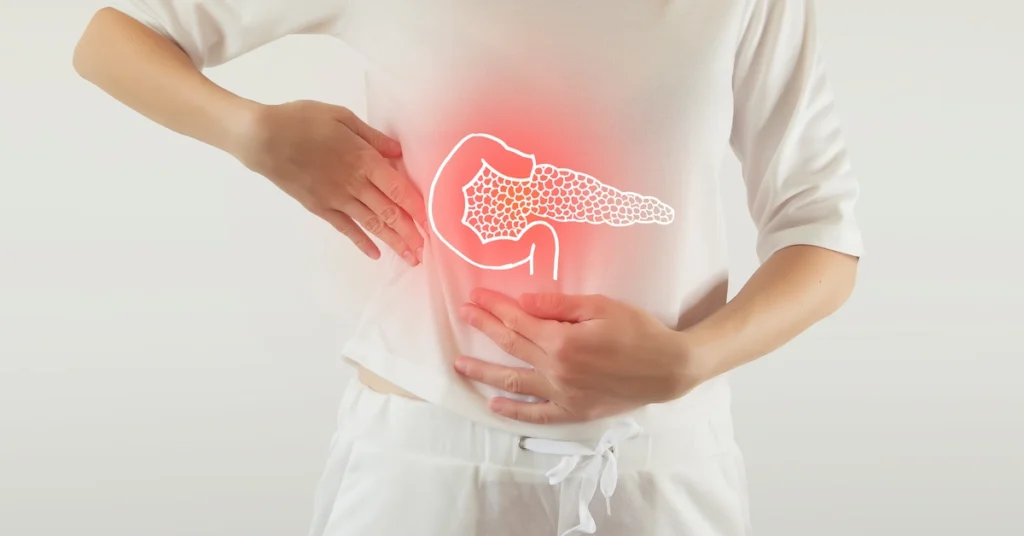 Rysunek trzustki z bólem w kolorze czerwonym